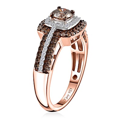Natural Champagne and White Diamond Double Halo Ring in Vermeil Rose Gold Over Sterling Silver (Size 10.0) 1.00 ctw