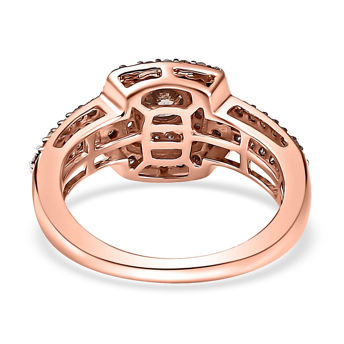 Natural Champagne and White Diamond Double Halo Ring in Vermeil Rose Gold Over Sterling Silver (Size 10.0) 1.00 ctw