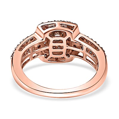 Natural Champagne and White Diamond Double Halo Ring in Vermeil Rose Gold Over Sterling Silver (Size 10.0) 1.00 ctw