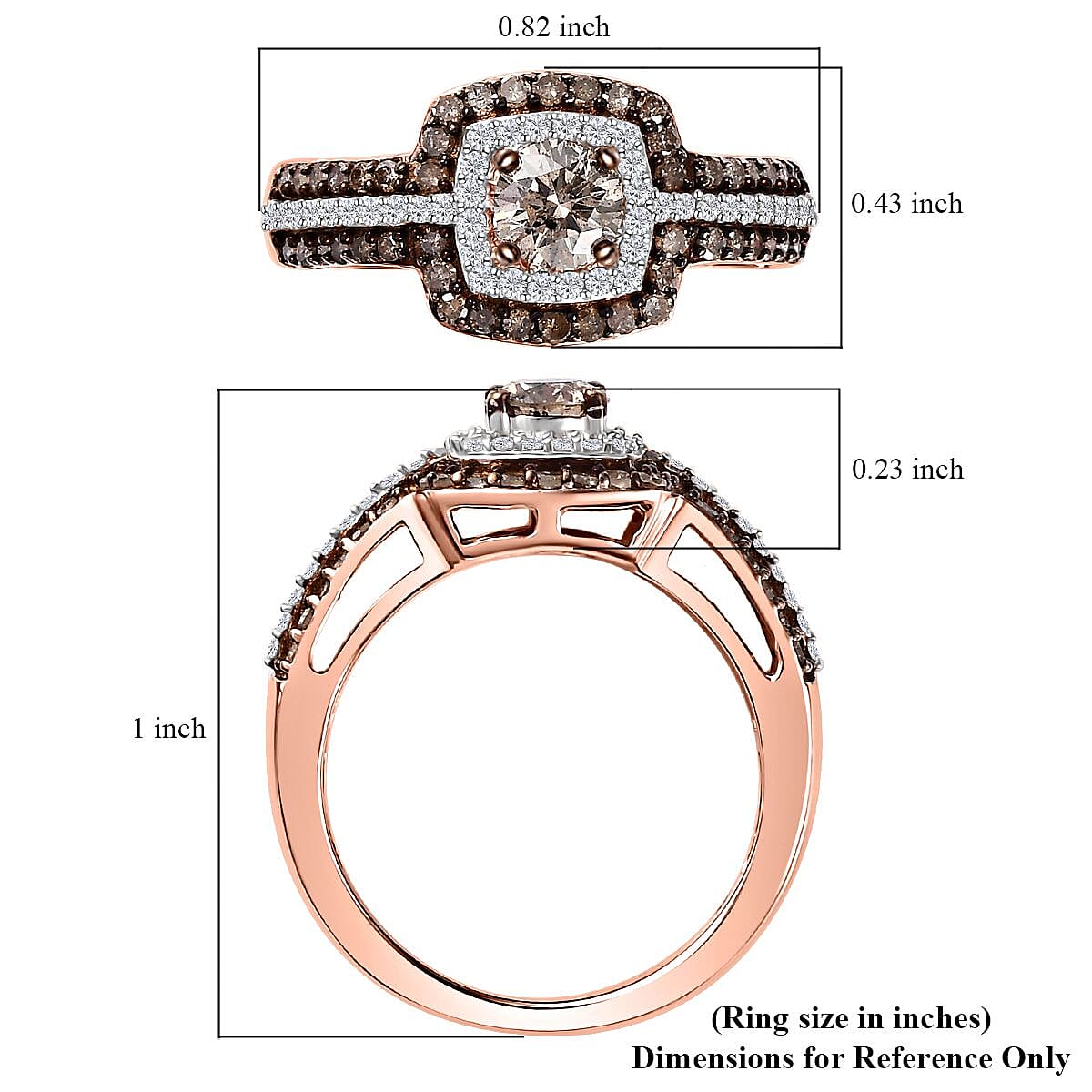 Natural Champagne and White Diamond Double Halo Ring in Vermeil Rose Gold Over Sterling Silver (Size 10.0) 1.00 ctw