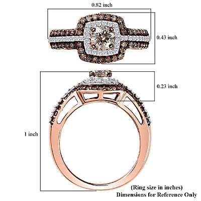 Natural Champagne and White Diamond Double Halo Ring in Vermeil Rose Gold Over Sterling Silver (Size 10.0) 1.00 ctw