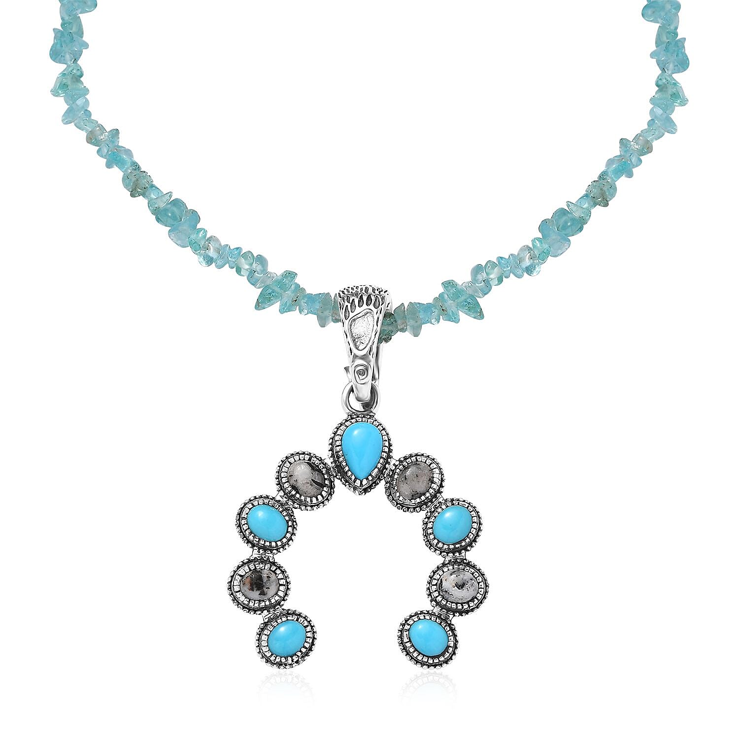 Premium Sleeping Beauty Turquoise and White Buffalo Squash Blossom Pendant with Apatite Chips Necklace 18-20 Inches in Sterling Silver 23.50 ctw
