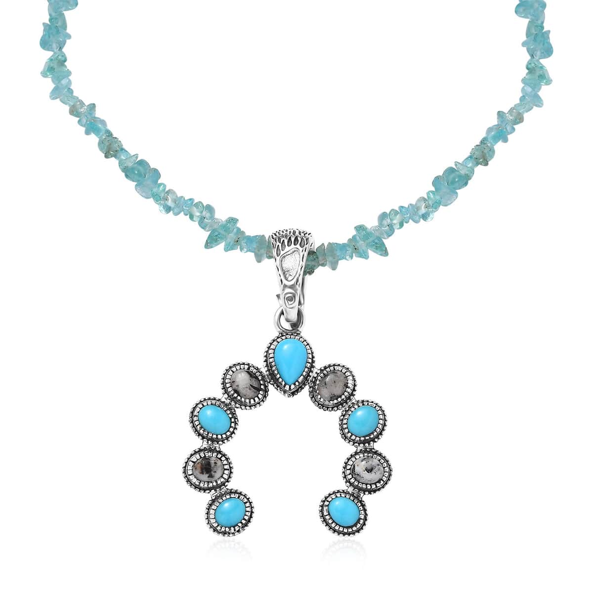 Premium Sleeping Beauty Turquoise and White Buffalo Squash Blossom Pendant with Apatite Chips Necklace 18-20 Inches in Sterling Silver 23.50 ctw image number 0