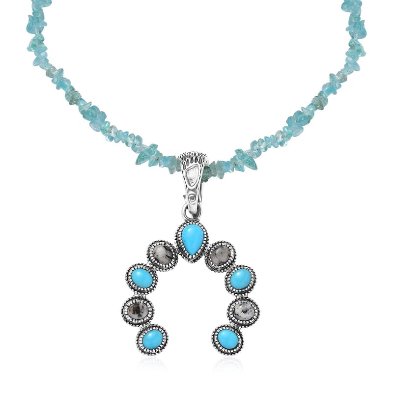 Premium Sleeping Beauty Turquoise and White Buffalo Squash Blossom Pendant with Apatite Chips Necklace 18-20 Inches in Sterling Silver 23.50 ctw
