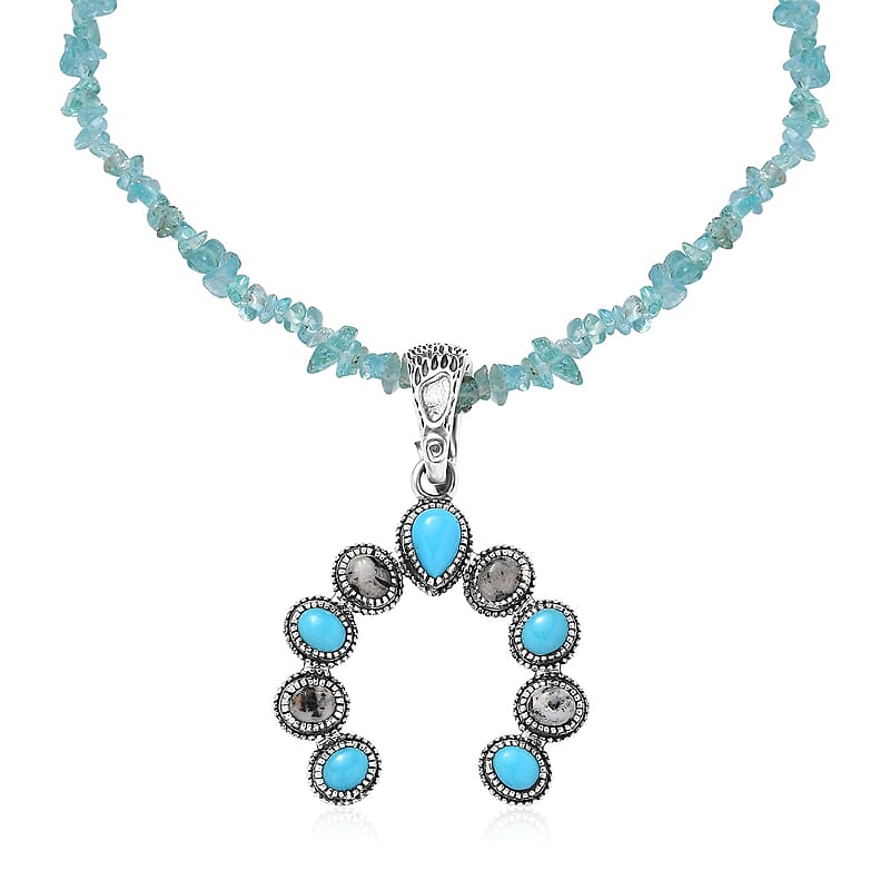 Premium Sleeping Beauty Turquoise and White Buffalo Squash Blossom Pendant with Apatite Chips Necklace 18-20 Inches in Sterling Silver 23.50 ctw