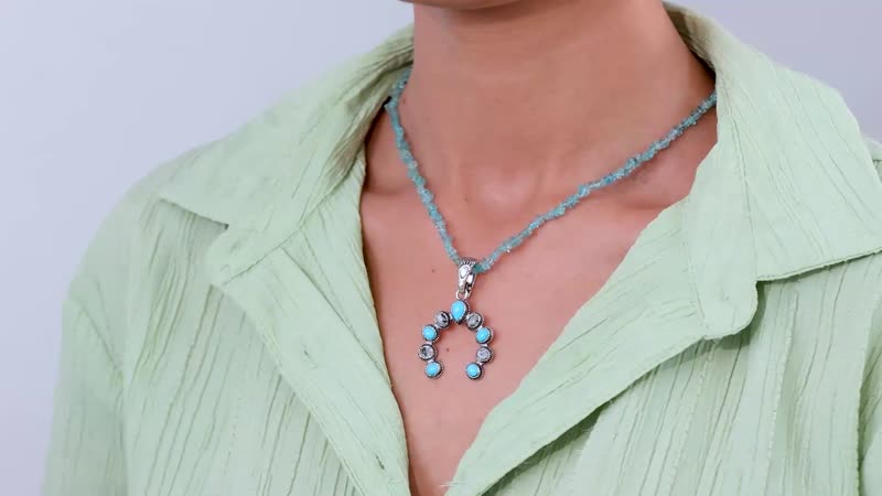 Premium Sleeping Beauty Turquoise and White Buffalo Squash Blossom Pendant with Apatite Chips Necklace 18-20 Inches in Sterling Silver 23.50 ctw