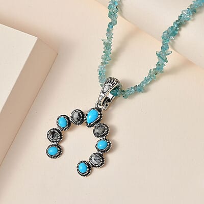 Premium Sleeping Beauty Turquoise and White Buffalo Squash Blossom Pendant with Apatite Chips Necklace 18-20 Inches in Sterling Silver 23.50 ctw