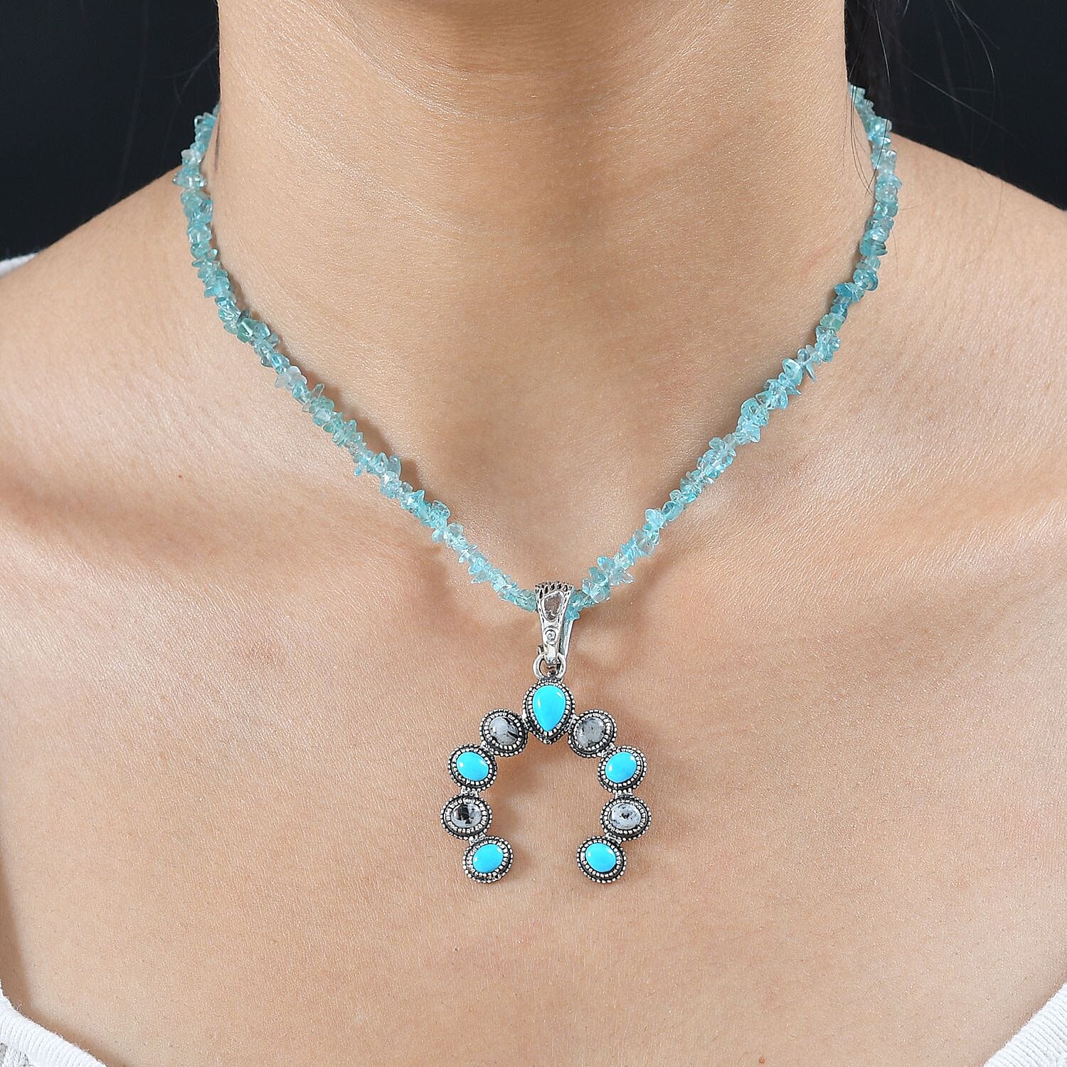 Premium Sleeping Beauty Turquoise and White Buffalo Squash Blossom Pendant with Apatite Chips Necklace 18-20 Inches in Sterling Silver 23.50 ctw