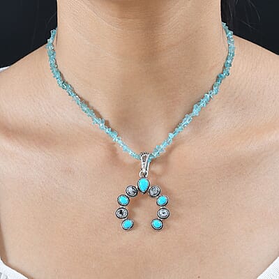 Premium Sleeping Beauty Turquoise and White Buffalo Squash Blossom Pendant with Apatite Chips Necklace 18-20 Inches in Sterling Silver 23.50 ctw