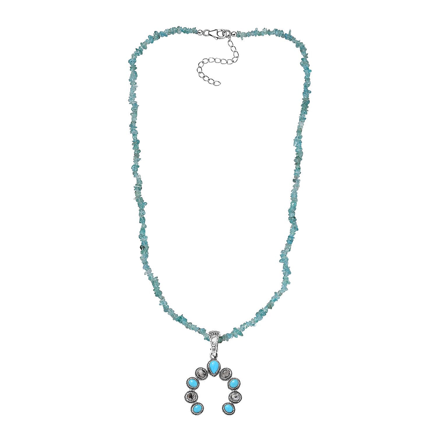 Premium Sleeping Beauty Turquoise and White Buffalo Squash Blossom Pendant with Apatite Chips Necklace 18-20 Inches in Sterling Silver 23.50 ctw