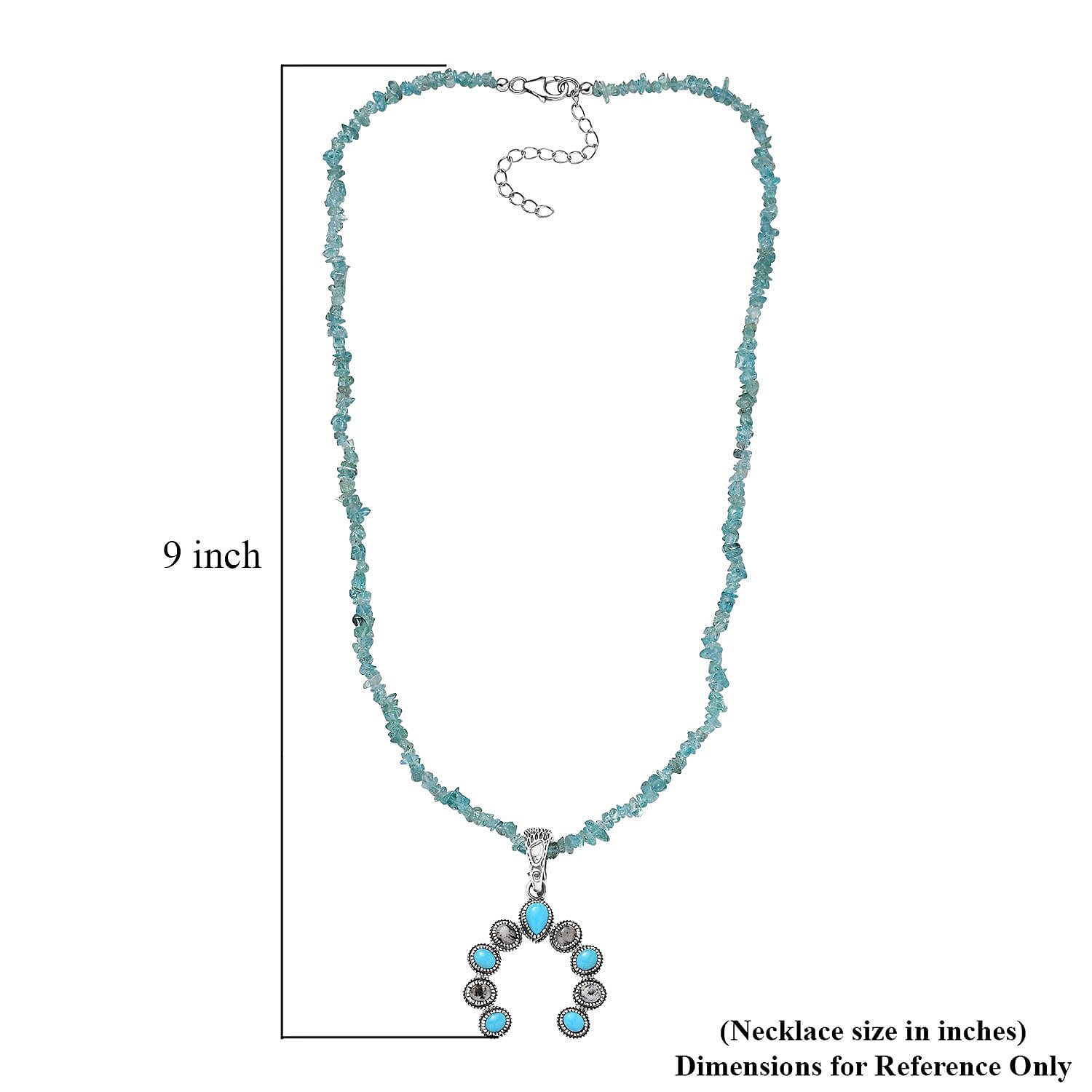 Premium Sleeping Beauty Turquoise and White Buffalo Squash Blossom Pendant with Apatite Chips Necklace 18-20 Inches in Sterling Silver 23.50 ctw