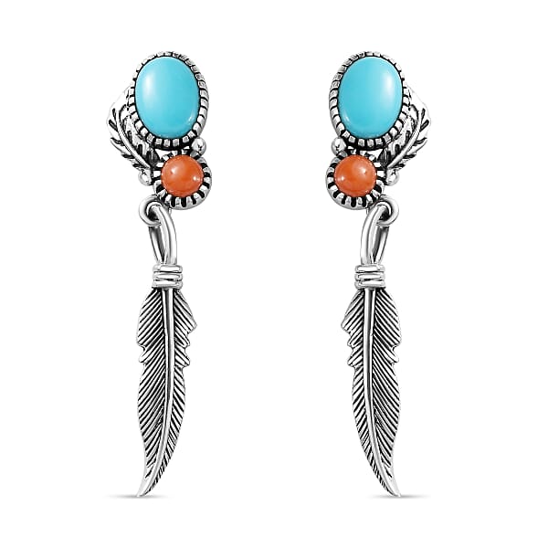 Artisan Crafted Sleeping Beauty Turquoise and Mediterranean Coral Feather Earrings in Sterling Silver 2.65 ctw