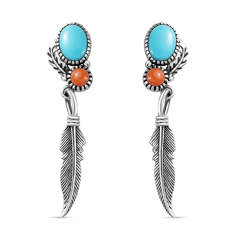 Artisan Crafted Sleeping Beauty Turquoise and Mediterranean Coral Feather Earrings in Sterling Silver 2.65 ctw