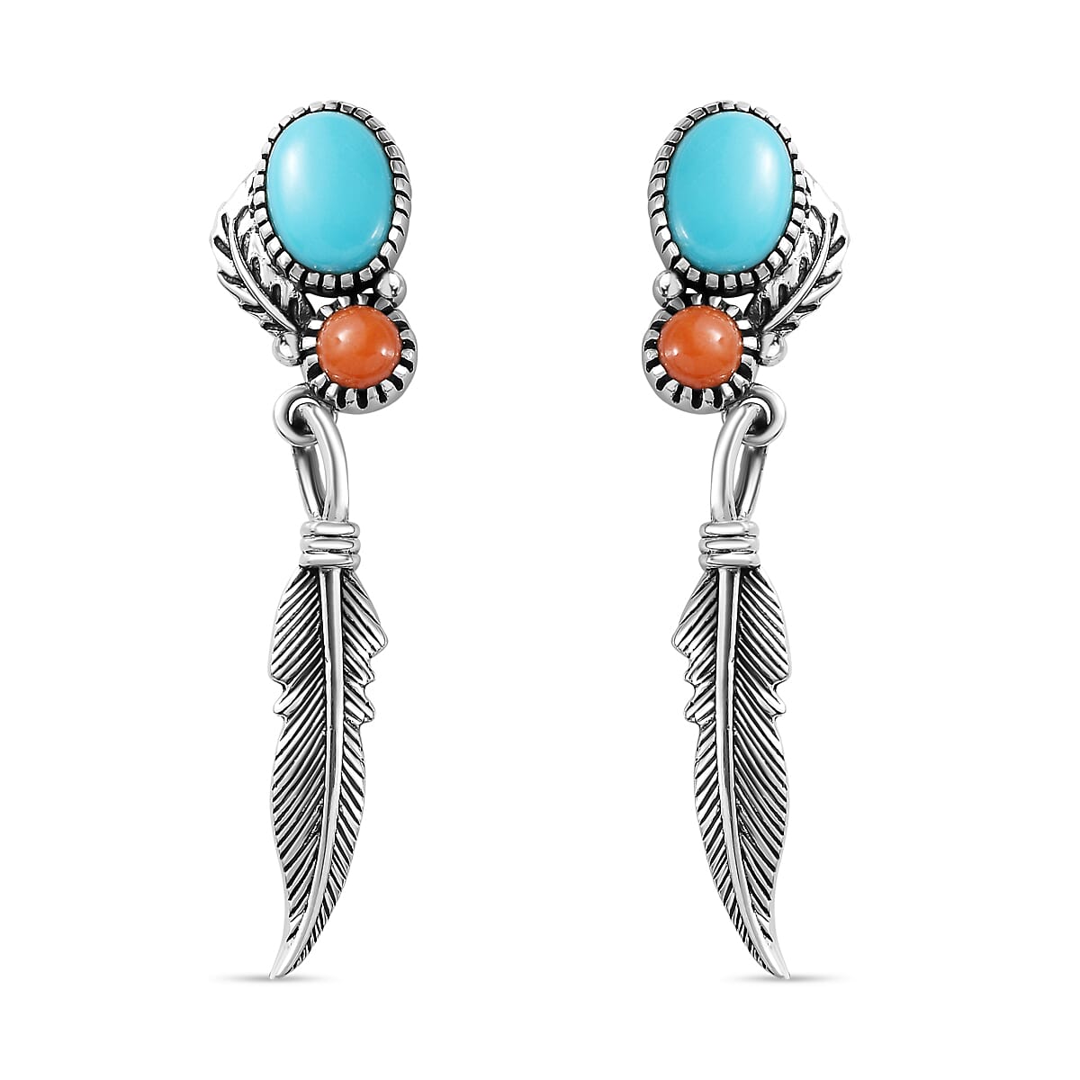 Artisan Crafted Sleeping Beauty Turquoise and Mediterranean Coral Feather Earrings in Sterling Silver 2.65 ctw image number 0