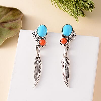 Artisan Crafted Sleeping Beauty Turquoise and Mediterranean Coral Feather Earrings in Sterling Silver 2.65 ctw