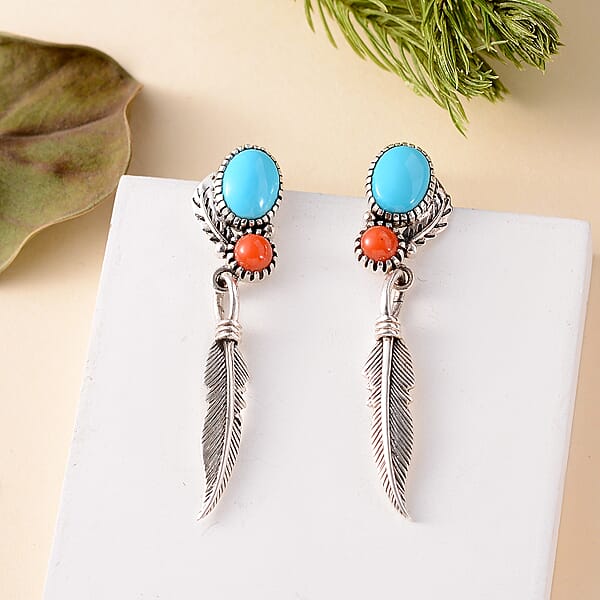 Artisan Crafted Sleeping Beauty Turquoise and Mediterranean Coral Feather Earrings in Sterling Silver 2.65 ctw