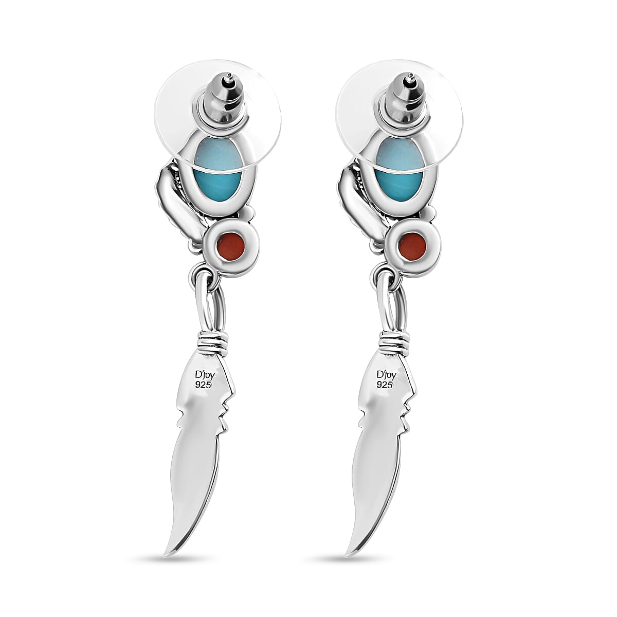 Artisan Crafted Sleeping Beauty Turquoise and Mediterranean Coral Feather Earrings in Sterling Silver 2.65 ctw