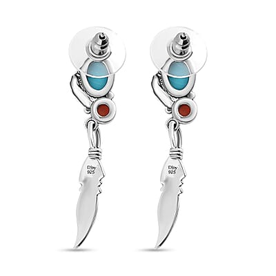 Artisan Crafted Sleeping Beauty Turquoise and Mediterranean Coral Feather Earrings in Sterling Silver 2.65 ctw