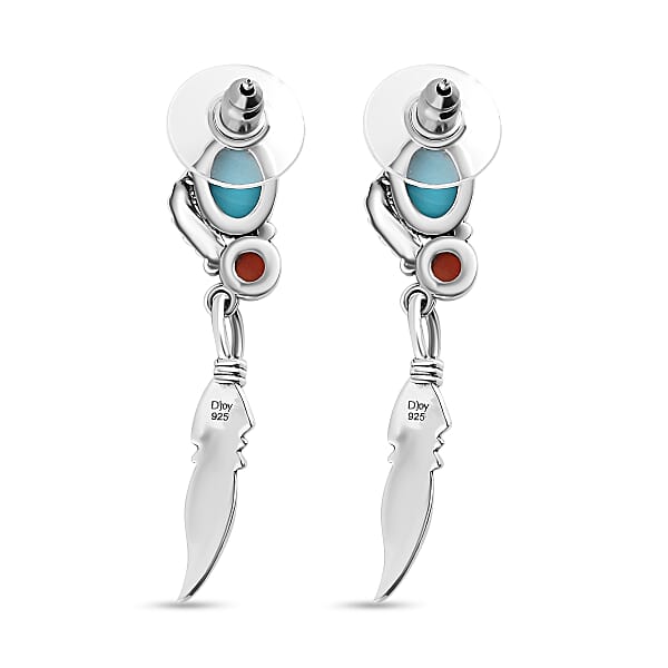 Artisan Crafted Sleeping Beauty Turquoise and Mediterranean Coral Feather Earrings in Sterling Silver 2.65 ctw