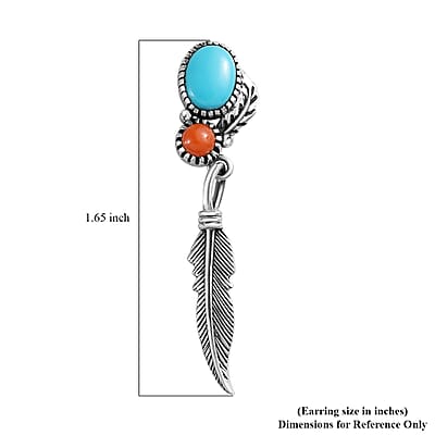Artisan Crafted Sleeping Beauty Turquoise and Mediterranean Coral Feather Earrings in Sterling Silver 2.65 ctw
