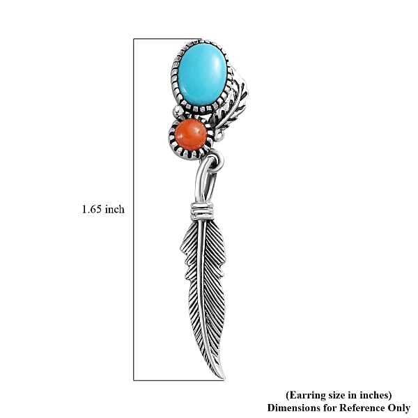 Artisan Crafted Sleeping Beauty Turquoise and Mediterranean Coral Feather Earrings in Sterling Silver 2.65 ctw