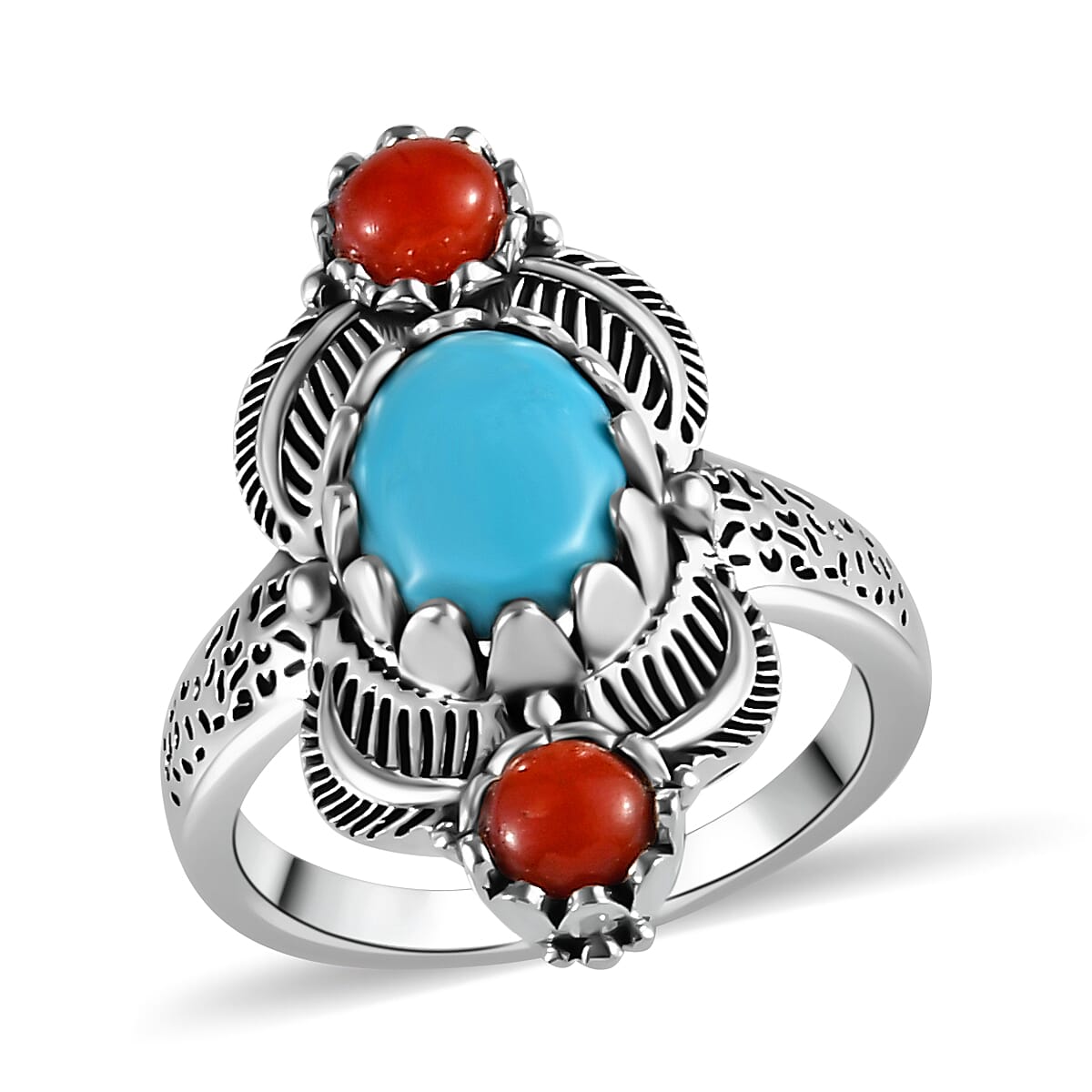 Artisan Crafted Sleeping Beauty Turquoise and Mediterranean Coral Ring in Sterling Silver (Size 10.0) 2.20 ctw image number 0