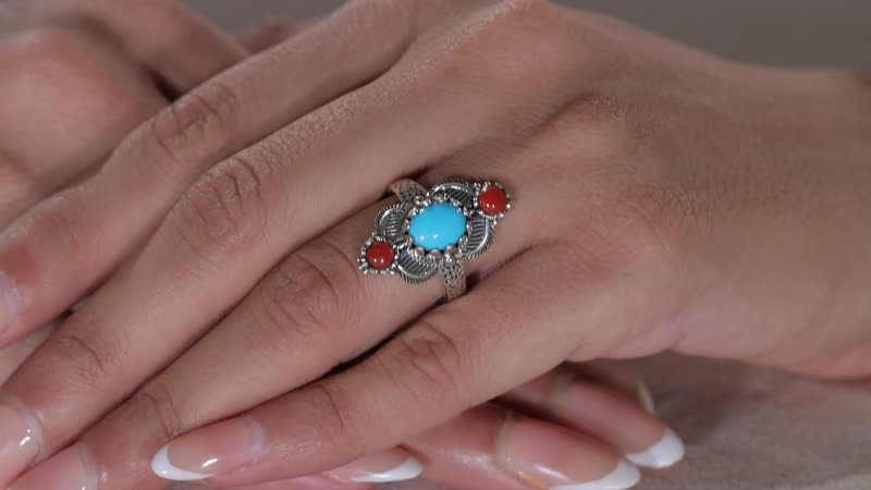 Artisan Crafted Sleeping Beauty Turquoise and Mediterranean Coral Ring in Sterling Silver (Size 10.0) 2.20 ctw
