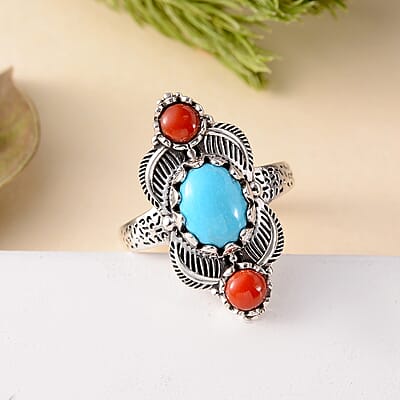 Artisan Crafted Sleeping Beauty Turquoise and Mediterranean Coral Ring in Sterling Silver (Size 10.0) 2.20 ctw