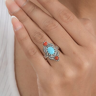 Artisan Crafted Sleeping Beauty Turquoise and Mediterranean Coral Ring in Sterling Silver (Size 10.0) 2.20 ctw