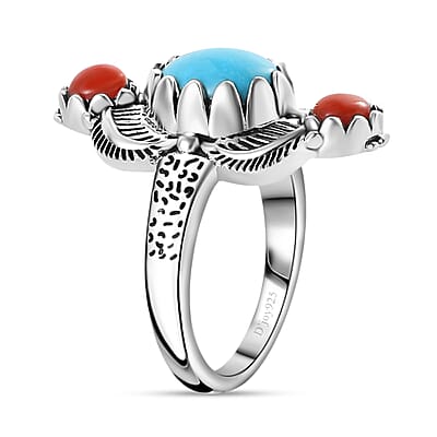 Artisan Crafted Sleeping Beauty Turquoise and Mediterranean Coral Ring in Sterling Silver (Size 10.0) 2.20 ctw