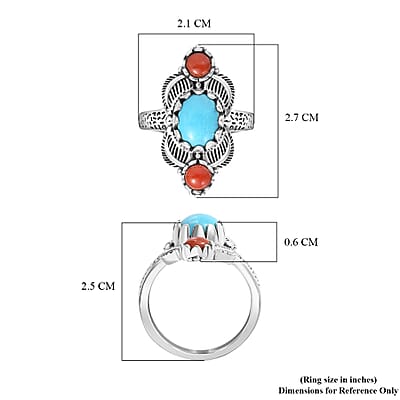Artisan Crafted Sleeping Beauty Turquoise and Mediterranean Coral Ring in Sterling Silver (Size 10.0) 2.20 ctw