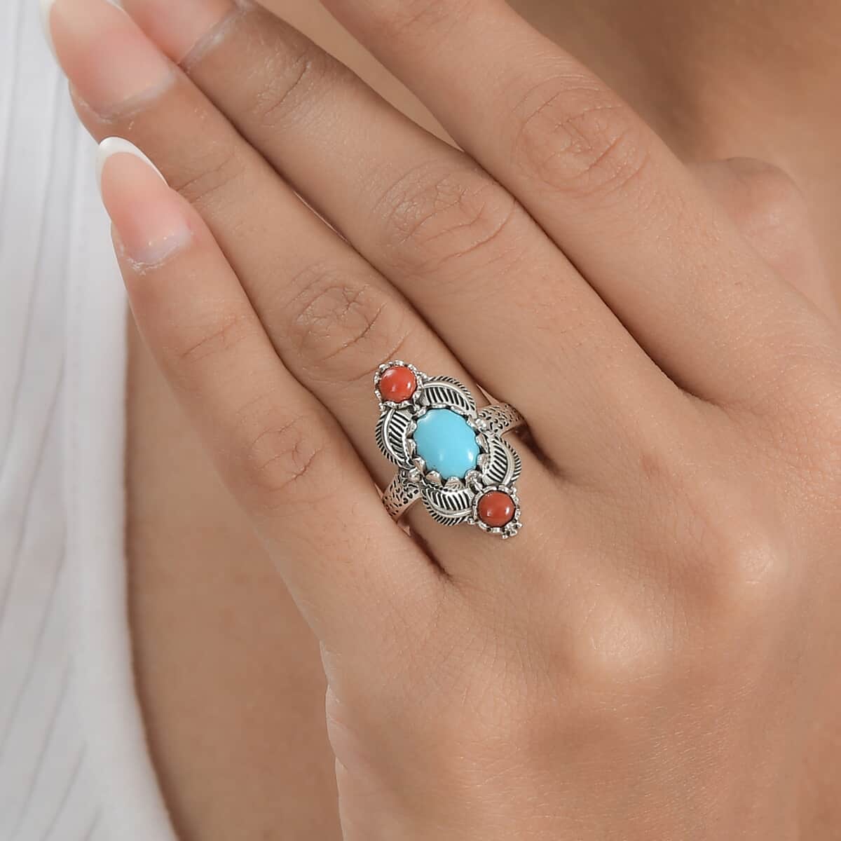 Artisan Crafted Sleeping Beauty Turquoise and Mediterranean Coral Ring in Sterling Silver (Size 6.0) 2.20 ctw image number 2