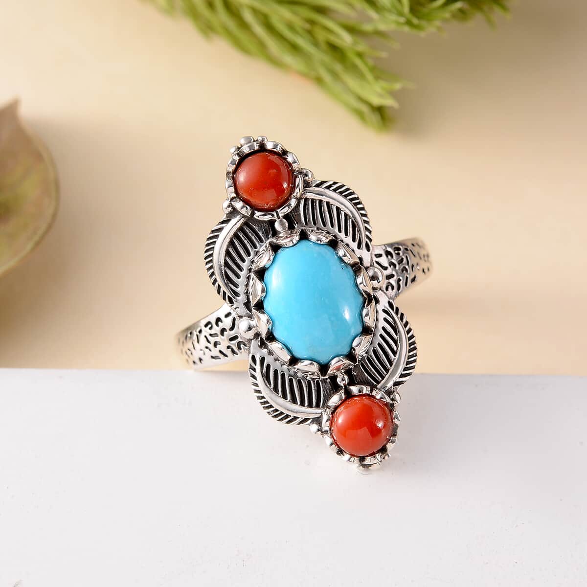 Artisan Crafted Sleeping Beauty Turquoise and Mediterranean Coral Ring in Sterling Silver (Size 7.0) 2.20 ctw image number 1