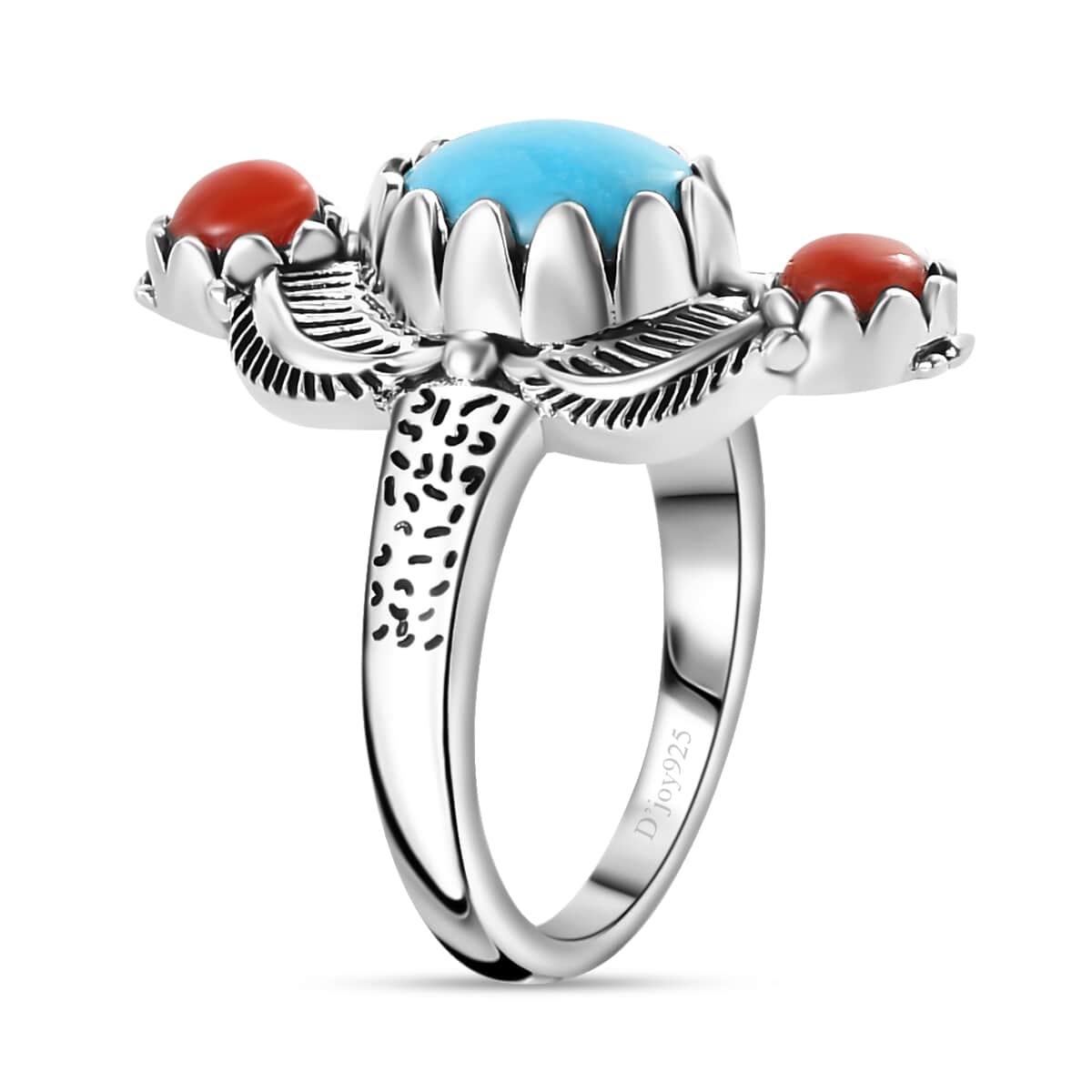 Artisan Crafted Sleeping Beauty Turquoise and Mediterranean Coral Ring in Sterling Silver (Size 7.0) 2.20 ctw image number 3