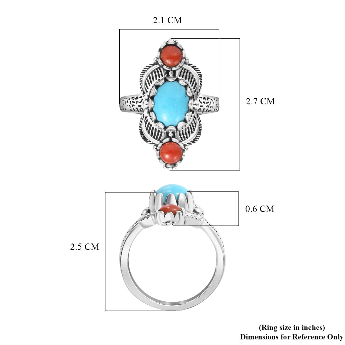 Artisan Crafted Sleeping Beauty Turquoise and Mediterranean Coral Ring in Sterling Silver (Size 7.0) 2.20 ctw image number 5