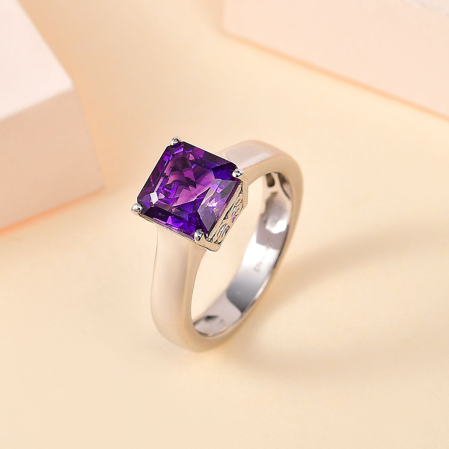Asscher Cut Premium Moroccan Amethyst Solitaire Ring in Platinum Over Sterling Silver (Size 10.0) 2.50 ctw
