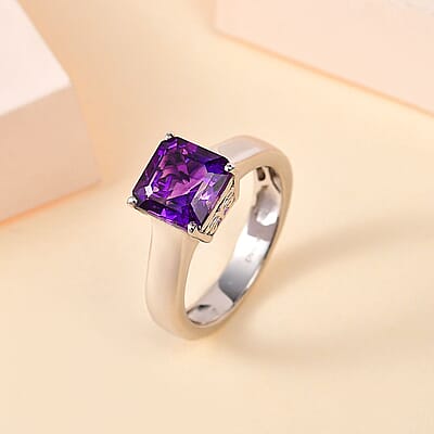 Asscher Cut Premium Moroccan Amethyst Solitaire Ring in Platinum Over Sterling Silver (Size 10.0) 2.50 ctw