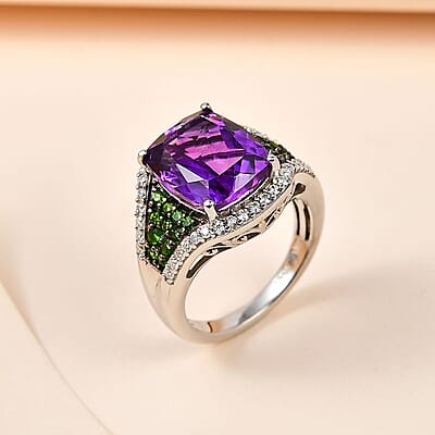Moroccan Amethyst and Multi Gemstone Ring in Platinum Over Sterling Silver (Size 10.0) 6.10 ctw