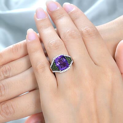 Moroccan Amethyst and Multi Gemstone Ring in Platinum Over Sterling Silver (Size 10.0) 6.10 ctw