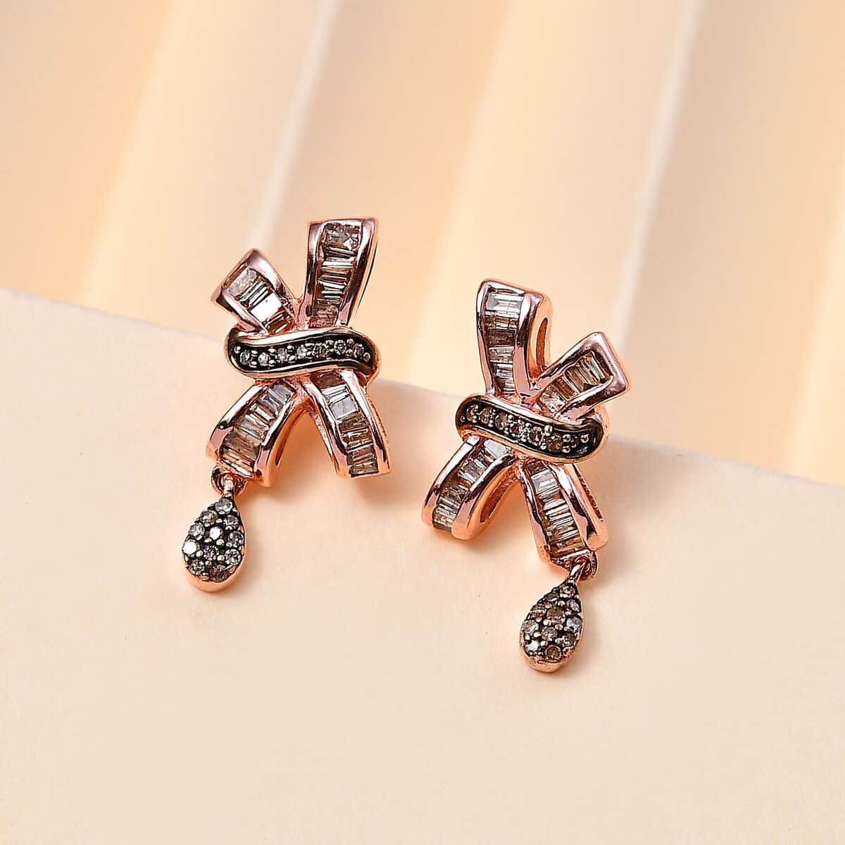 Natural Champagne Diamond Bow Earrings in Vermeil Rose Gold Over Sterling Silver 0.50 ctw image number 1