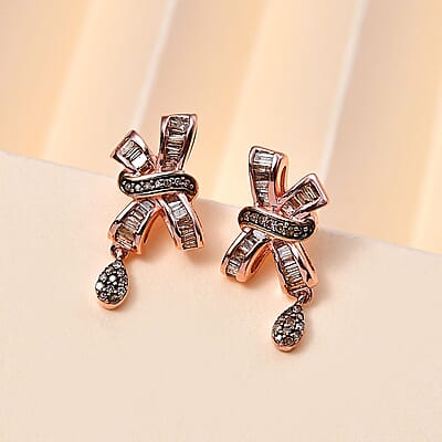 Natural Champagne Diamond Bow Earrings in Vermeil Rose Gold Over Sterling Silver 0.50 ctw