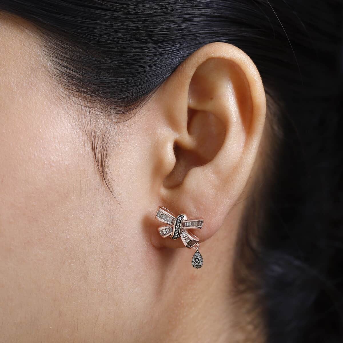 Natural Champagne Diamond Bow Earrings in Vermeil Rose Gold Over Sterling Silver 0.50 ctw image number 2