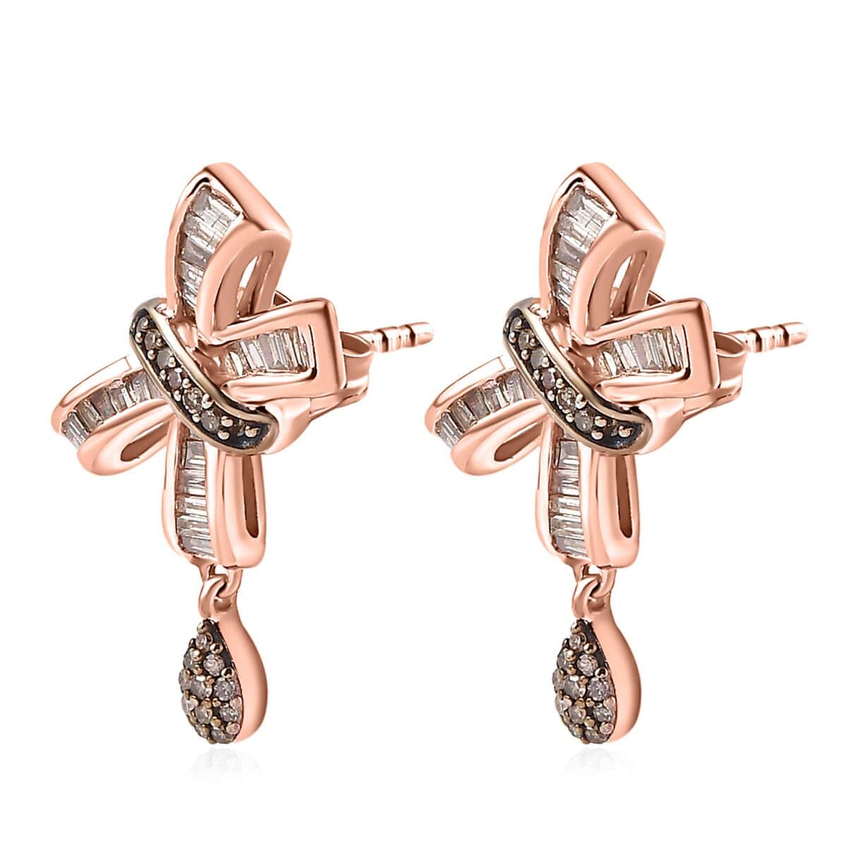 Natural Champagne Diamond Bow Earrings in Vermeil Rose Gold Over Sterling Silver 0.50 ctw image number 3