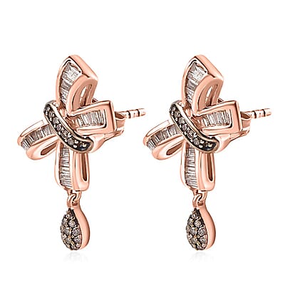 Natural Champagne Diamond Bow Earrings in Vermeil Rose Gold Over Sterling Silver 0.50 ctw