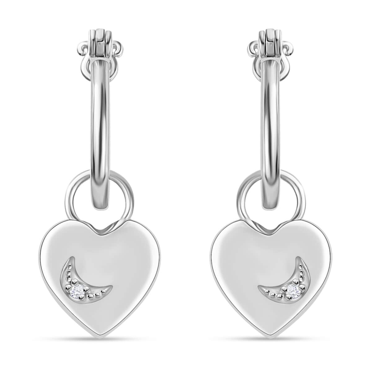 Diamond Accent Celestial Moon Heart Charm Hoop Earrings in Platinum Over Sterling Silver 0.05 ctw image number 0