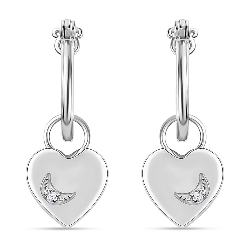 Diamond Accent Celestial Moon Heart Charm Hoop Earrings in Platinum Over Sterling Silver 0.05 ctw