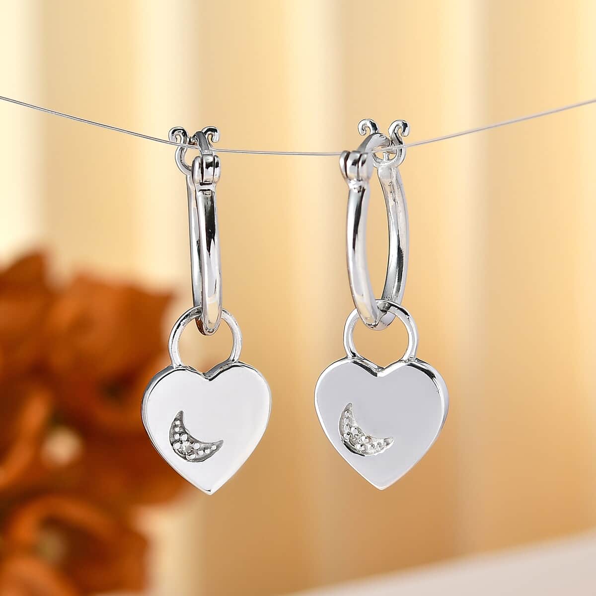 Diamond Accent Celestial Moon Heart Charm Hoop Earrings in Platinum Over Sterling Silver 0.05 ctw image number 1