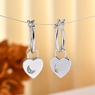 Diamond Accent Celestial Moon Heart Charm Hoop Earrings in Platinum Over Sterling Silver 0.05 ctw