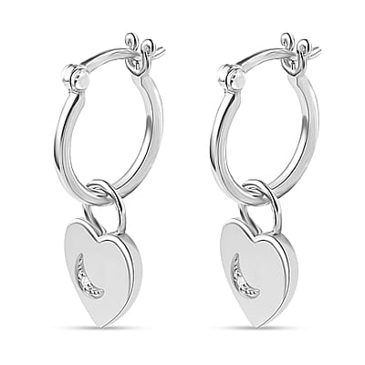 Diamond Accent Celestial Moon Heart Charm Hoop Earrings in Platinum Over Sterling Silver 0.05 ctw
