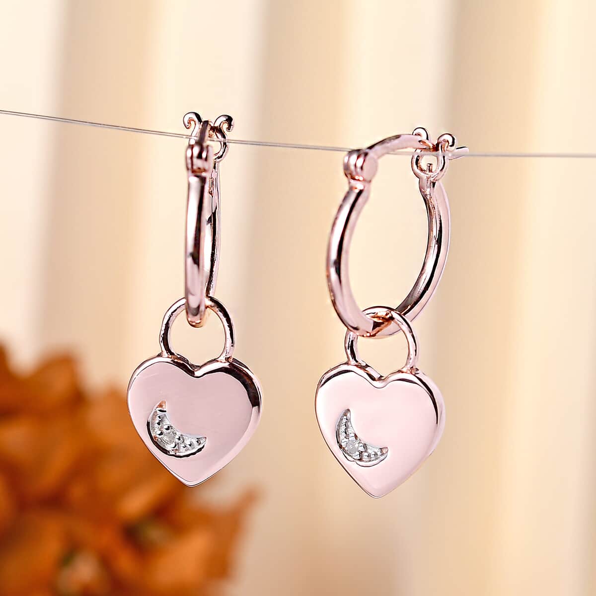 Diamond Accent Celestial Moon Heart Charm Hoop Earrings in Vermeil Rose Gold Over Sterling Silver 0.05 ctw image number 1